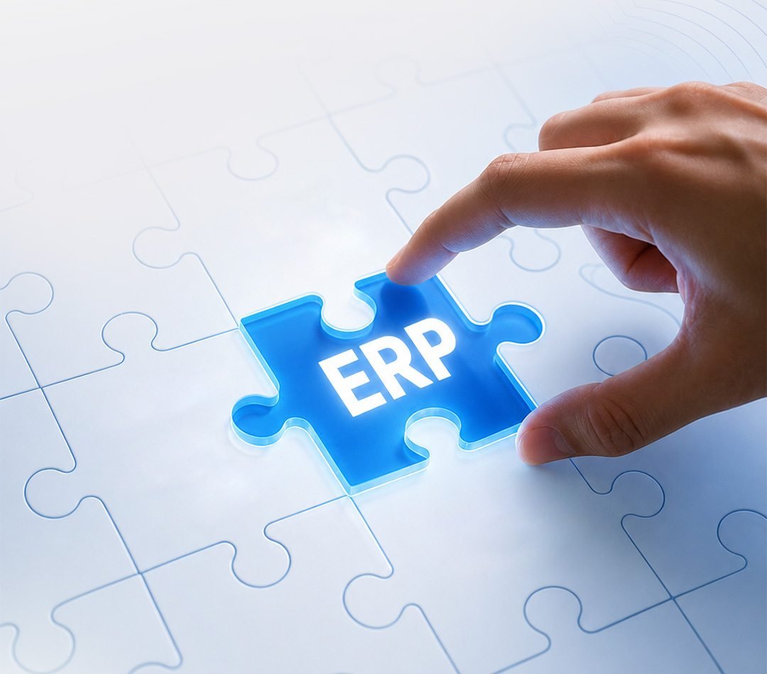 Hand placing a glowing blue jigsaw puzzle piece labelled ERP into a white puzzle