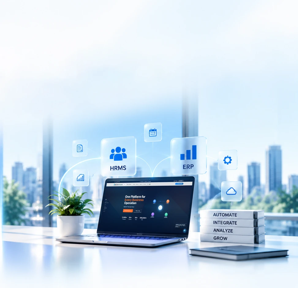 Laptop on an office desk showing the Zeta Software website, with floating HRMS and ERP icons above it and books labelled Automate, Integrate, Analyze and Grow